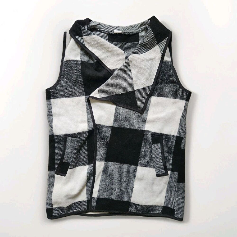West Loop Wool Blend Check Vest Open Front Shawl Sleeveless Black & White OS EUC